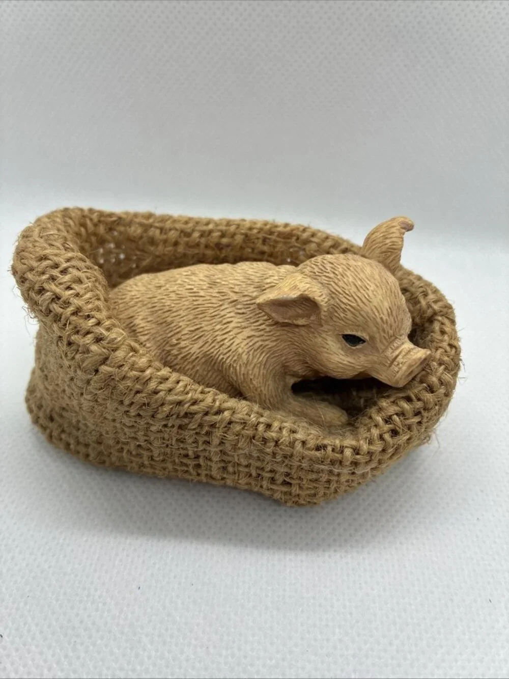 Resin Piglet in Burlap Basket Farmhouse Country Decor Figurine Pig Sculpture